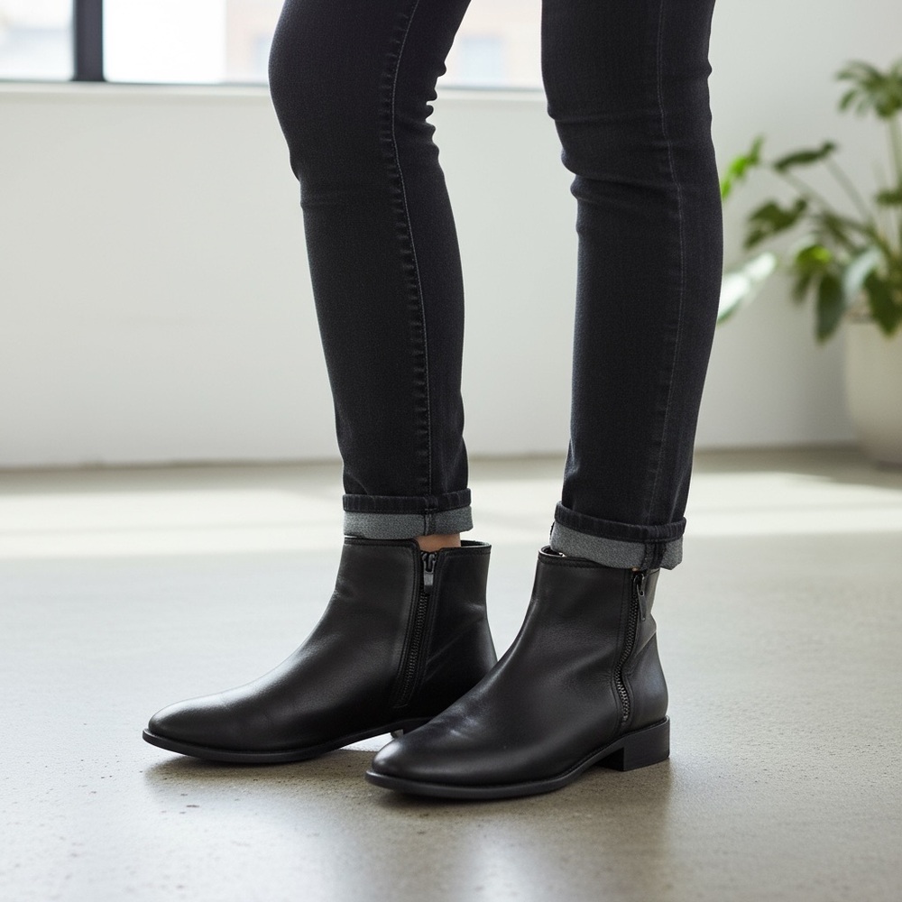 Aquatalia Black Leather Zip Ankle Booties Boots – Made in Italy – Size 8M